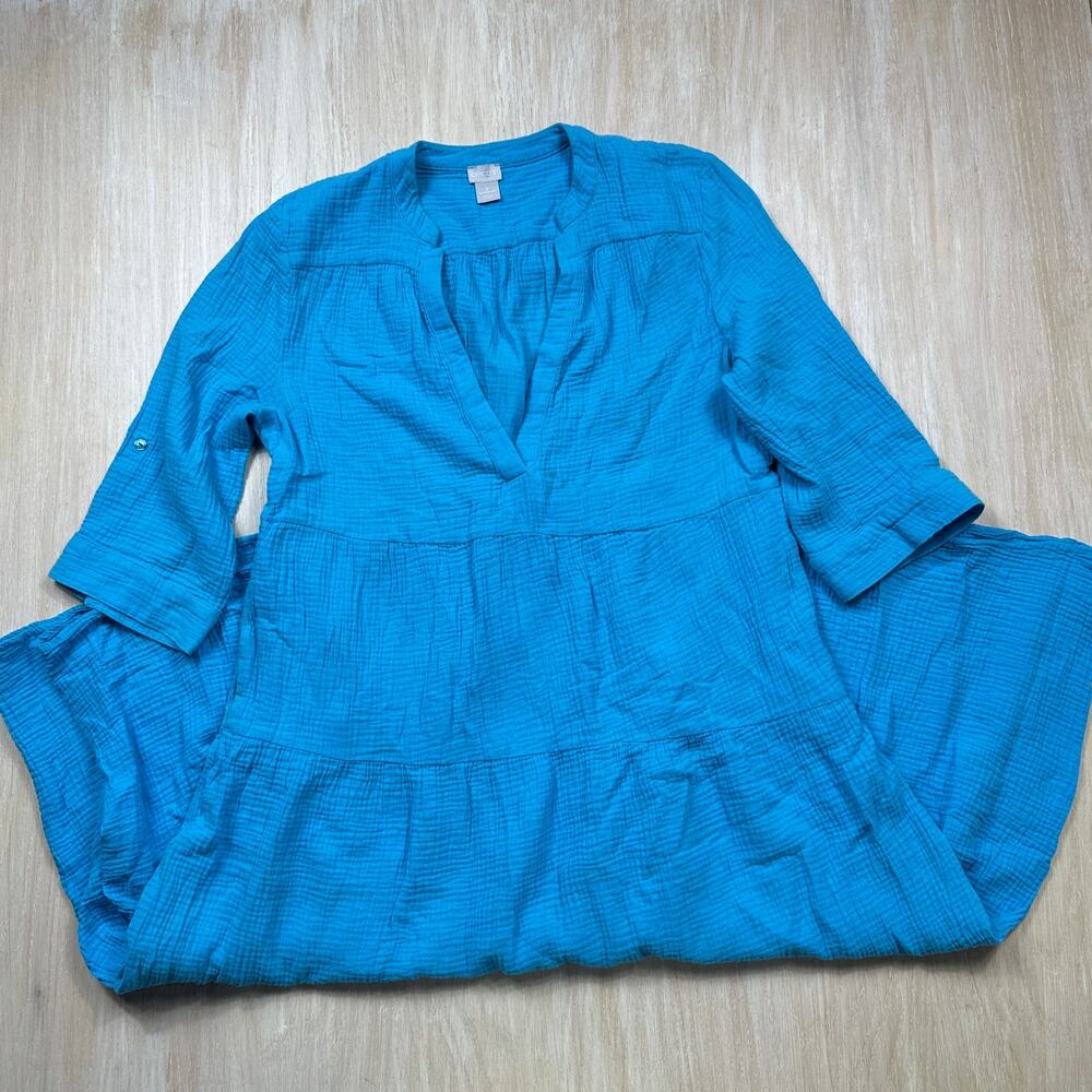 Chico's Turquoise Cotton Gauze Coastal Boho Tiered Roll Tab Maxi Dress 3 16/18